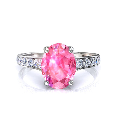 Solitario zaffiro rosa ovale e diamanti tondi 0.60 carati Cindirella A / SI / Oro bianco 18 carati