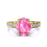 Solitario zaffiro rosa ovale e diamanti tondi Cindirella in oro giallo 0.80 carati
