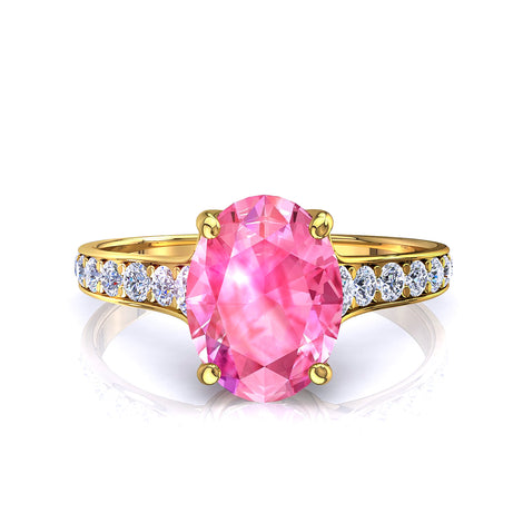 Solitario zaffiro rosa ovale e diamanti tondi Cindirella in oro giallo 0.80 carati