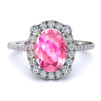 Anello zaffiro rosa ovale e diamanti tondi 0.90 carati Alida A / SI / Oro bianco 18 carati