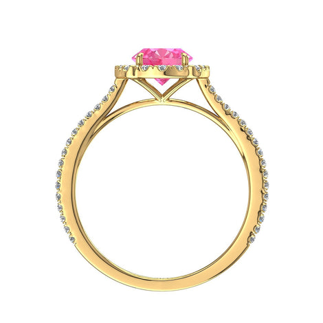Solitario zaffiro rosa ovale e diamanti tondi Alida in oro giallo 0.90 carati