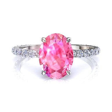 Bague de fiançailles saphir rose ovale et diamants ronds 1.00 carat Valentine A / SI / Platine
