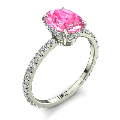 Solitario con zaffiro rosa ovale e diamanti tondi San Valentino in oro bianco 1.00 carati