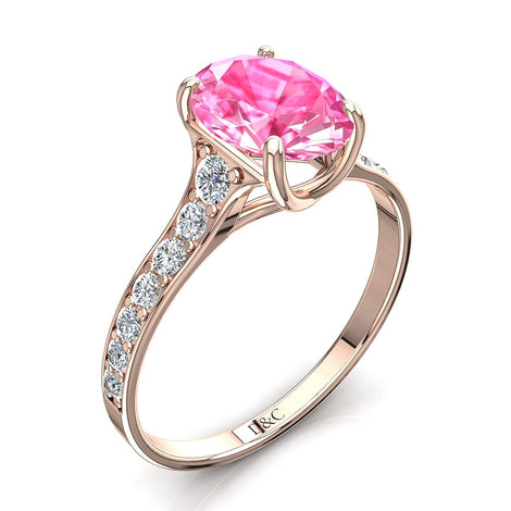 Anello di fidanzamento Cindirella in oro rosa ovale con zaffiro rosa e diamanti tondi 1.20 carati