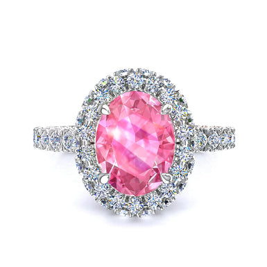 Solitaire saphir rose ovale et diamants ronds 1.50 carat Viviane A / SI / Or Blanc 18 carats