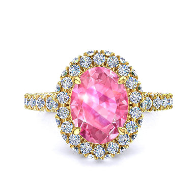 Solitaire saphir rose ovale et diamants ronds 1.50 carat Viviane A / SI / Or Jaune 18 carats
