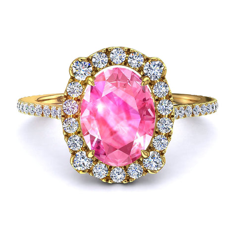 Solitaire saphir rose ovale et diamants ronds 1.60 carat or jaune Alida