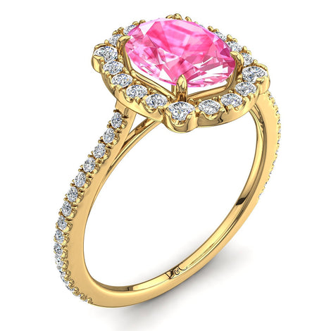 Solitario zaffiro rosa ovale e diamanti tondi Alida in oro giallo 1.60 carati