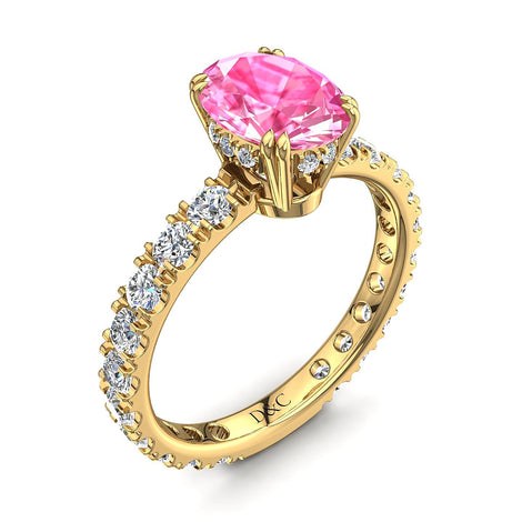 Solitario Valentina in oro giallo 1.70 carati con zaffiro rosa ovale e diamanti tondi