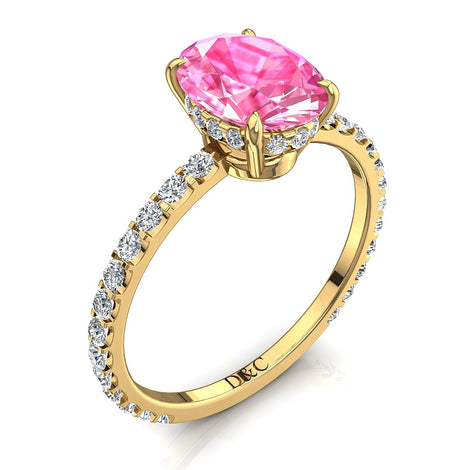 Bague de fiançailles saphir rose ovale et diamants ronds 1.70 carat or jaune Valentine