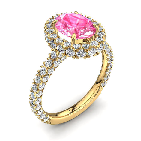 Bague saphir rose ovale et diamants ronds 1.70 carat or jaune Viviane