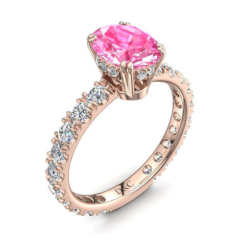 Anello con zaffiro rosa ovale e diamanti tondi Valentina in oro rosa 1.70 carati