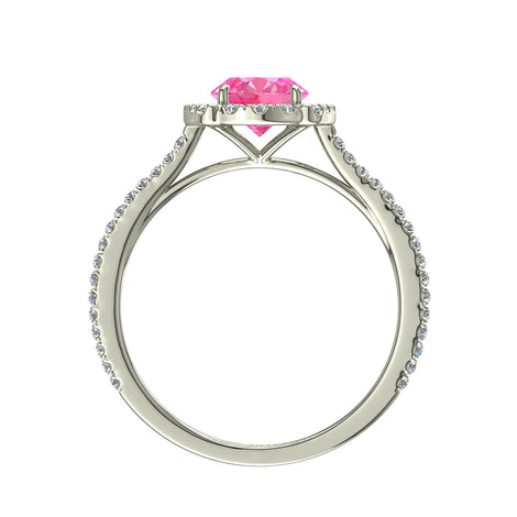 Solitario zaffiro rosa ovale e diamanti tondi Alida in oro bianco 1.80 carati