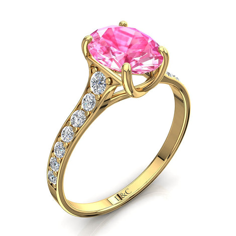 Solitario zaffiro rosa ovale e diamanti tondi Cindirella in oro giallo 1.80 carati