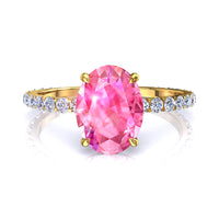 Solitario con zaffiro rosa ovale e diamanti tondi San Valentino in oro giallo 2.00 carati