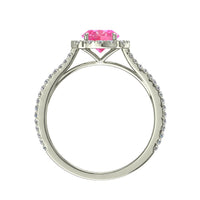 Anello di fidanzamento ovale zaffiro rosa e diamanti tondi 2.10 carati oro bianco Alida