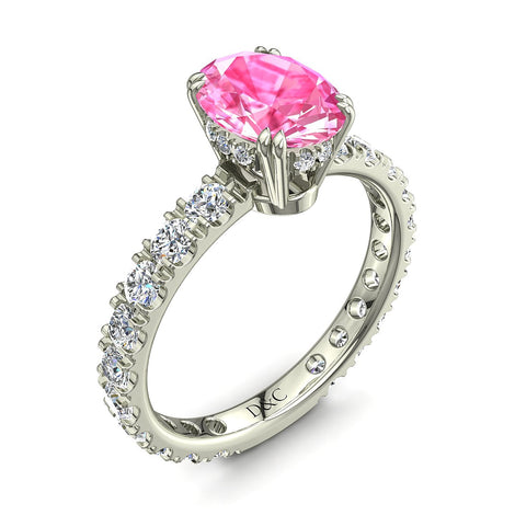 Anello Valentina zaffiro rosa ovale e diamanti tondi oro bianco 2.20 carati
