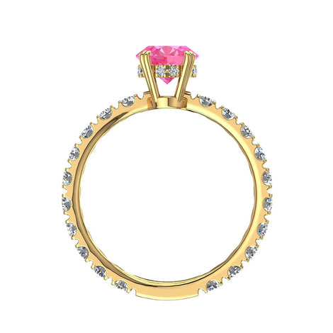 Solitario Valentina in oro giallo 2.20 carati con zaffiro rosa ovale e diamanti tondi