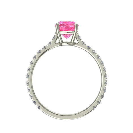 Anello di fidanzamento Princess con zaffiro rosa e diamanti tondi Cindirella in oro bianco 0.60 carati