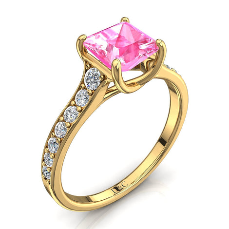 Anello Princess con zaffiro rosa e diamanti tondi Cindirella in oro giallo 0.60 carati