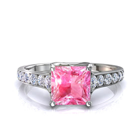 Bague saphir rose princesse et diamants ronds 0.80 carat Cindirella