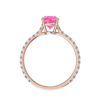 Anello di fidanzamento Princess con zaffiro rosa e diamanti tondi Cindirella in oro rosa 1.00 carati
