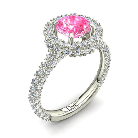 Anello Viviane in oro bianco 1.50 carati con zaffiro rosa tondo e diamanti tondi