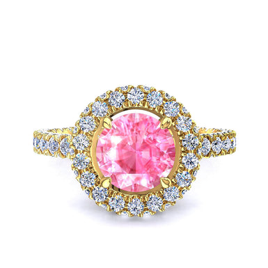 Solitaire round pink sapphire and round diamonds 1.50 carat Viviane A / SI / 18k Yellow Gold