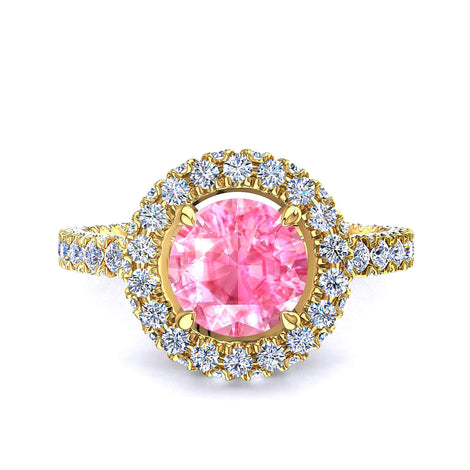 Solitario zaffiro rosa tondo e diamanti tondi Viviane in oro giallo 1.70 carati