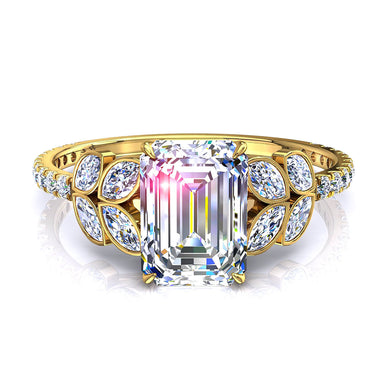 Smeraldo diamante solitario e diamanti marquise e diamanti rotondi 1.00 carati Angela I / SI / Oro giallo 18 carati