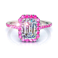 Anello di fidanzamento in oro bianco 0.80 carati con smeraldi di Camogli e zaffiri rosa tondi