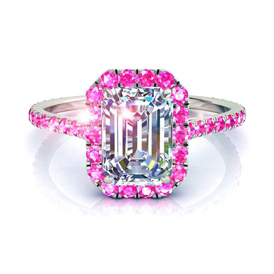 Smeraldo diamante solitario e zaffiri rosa tondi 0.80 carati Camogli I / SI / Oro bianco 18 carati