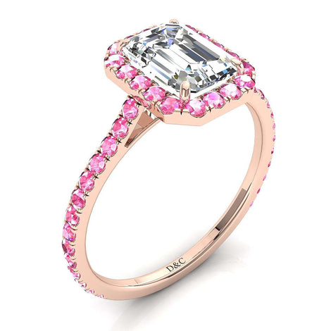 Solitario diamante smeraldo e zaffiri rosa tondi Camogli oro rosa 0.80 carati