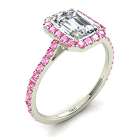 Anello di fidanzamento in oro bianco 1.00 carati con smeraldi di Camogli e zaffiri rosa tondi