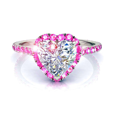 0.80 Carati Camogli I / SI / Anello di fidanzamento con diamanti a cuore in platino e zaffiro rosa rotondo