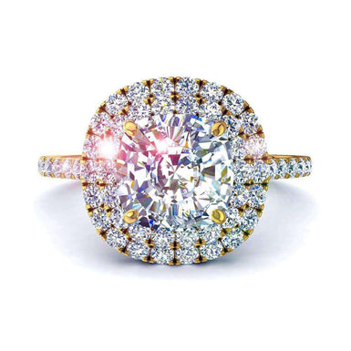 Solitaire bague diamant coussin et diamants ronds 1.00 carat Antoinette I / SI / Or Jaune 18 carats