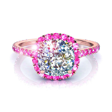 0.90 Carat Camogli I / SI Cushion Cut Diamond and Round Pink Sapphire Engagement Ring / 18k Rose Gold