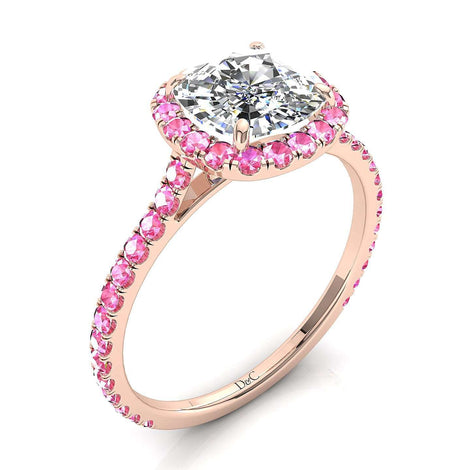 Anello di fidanzamento in oro rosa 0.90 carati Camogli con diamanti taglio cuscino e zaffiri rosa tondi