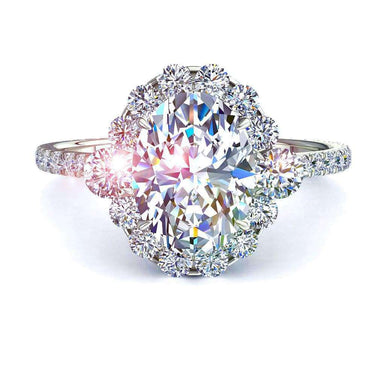 Bague Alexandrina diamant ovale et diamants ronds 0.90 carat I / SI / Or Blanc 18 carats