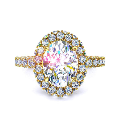 Bague Viviane solitaire diamant ovale et diamants ronds 1.50 carat I / SI / Or Jaune 18 carats