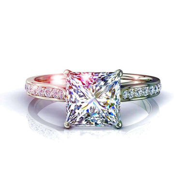 Ganna anello solitario principessa con diamanti e diamanti rotondi 0.50 carati I / SI / Oro bianco 18 carati