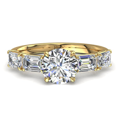 Bague Dora solitaire diamant rond et diamants Émeraudes 1.10 carat I / SI / Or Jaune 18 carats