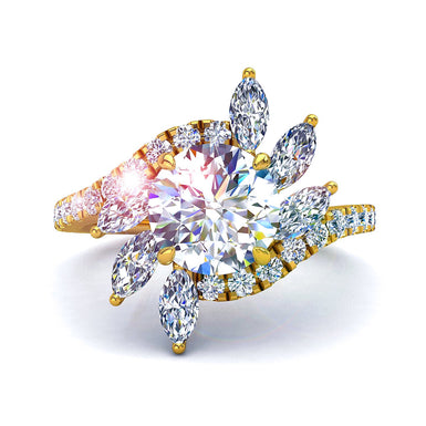 Bague Lisette solitaire diamant rond et diamants marquises 1.40 carat I / SI / Or Jaune 18 carats