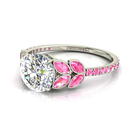 Anello diamante tondo e zaffiri rosa marquise e zaffiri rosa tondi oro bianco 1.30 carati Angela