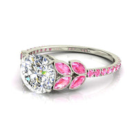 Solitario diamante tondo e zaffiri rosa marquise e zaffiri rosa tondi oro bianco 1.40 carati Angela