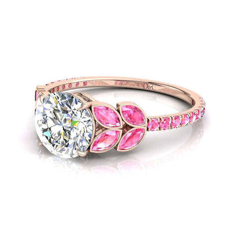 Bague diamant rond et saphirs roses marquises et saphirs roses ronds 2.30 carats or rose Angela