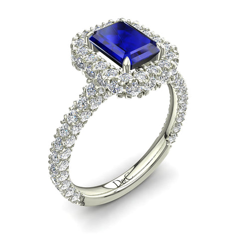 Anello di fidanzamento in oro bianco da 1.40 carati con zaffiri e diamanti tondi Viviane Emerald