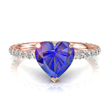 Anel de noivado com coração de safira e diamante redondo de 0.80 quilates A / SI / ouro rosa 18k