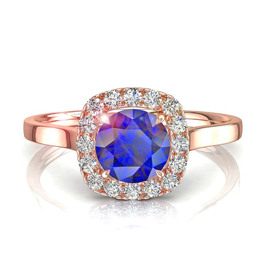 Anillo de zafiro cojín y diamantes redondos Capri A de 0.60 quilates / SI / Oro rosa de 18 quilates