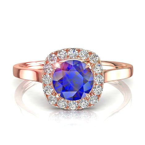 Solitaire saphir coussin et diamants ronds 0.60 carat or rose Capri